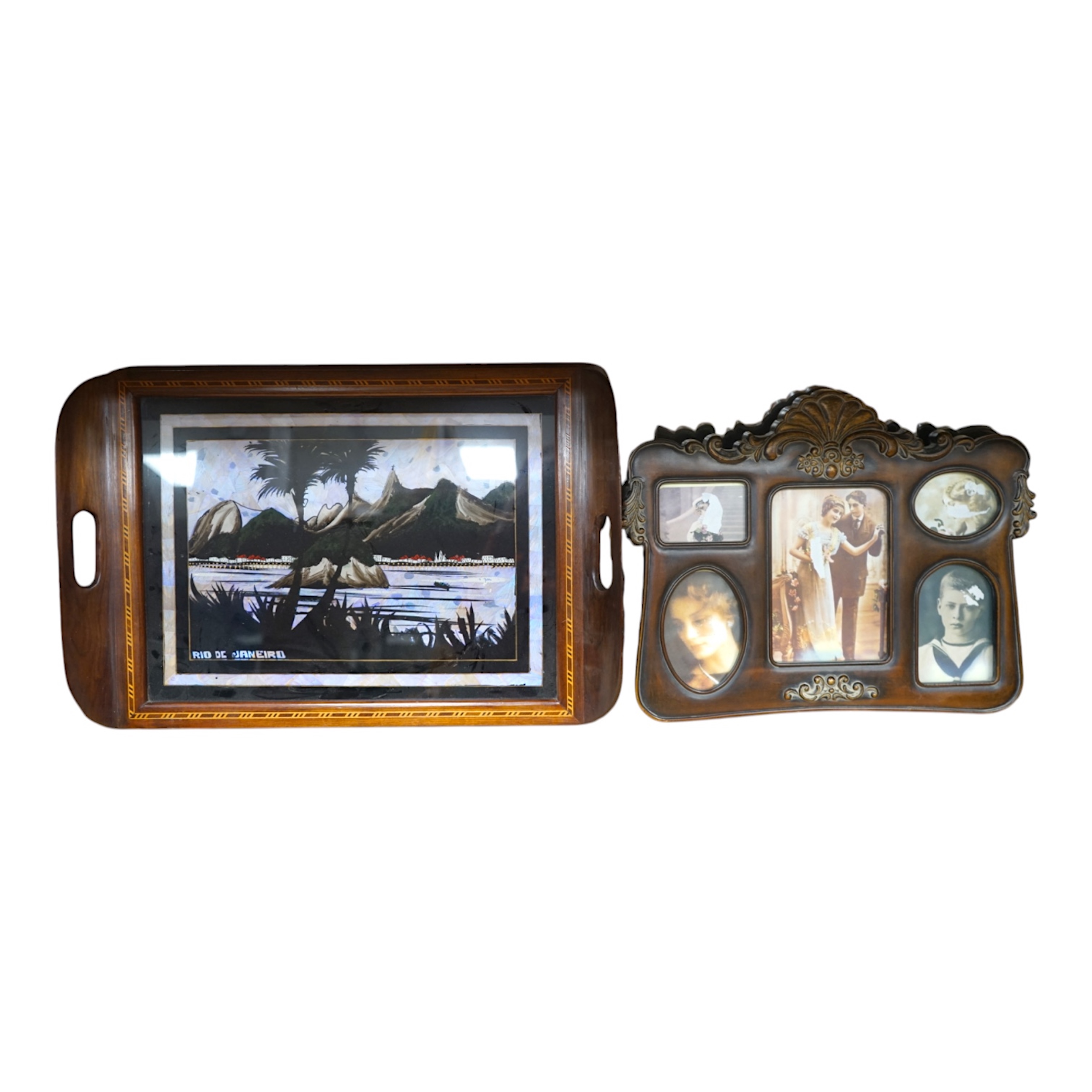 An Edwardian style multi photo frame and butterfly wing tray, 51cm wide. Condition - fair